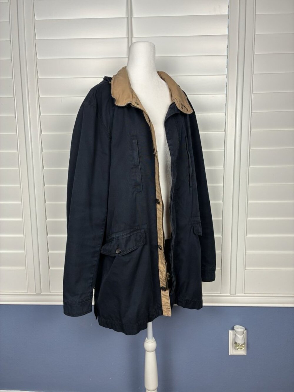 Brooks Brothers Men’s XL Navy Cotton Field Jacket Windbreaker Stowaway Hood